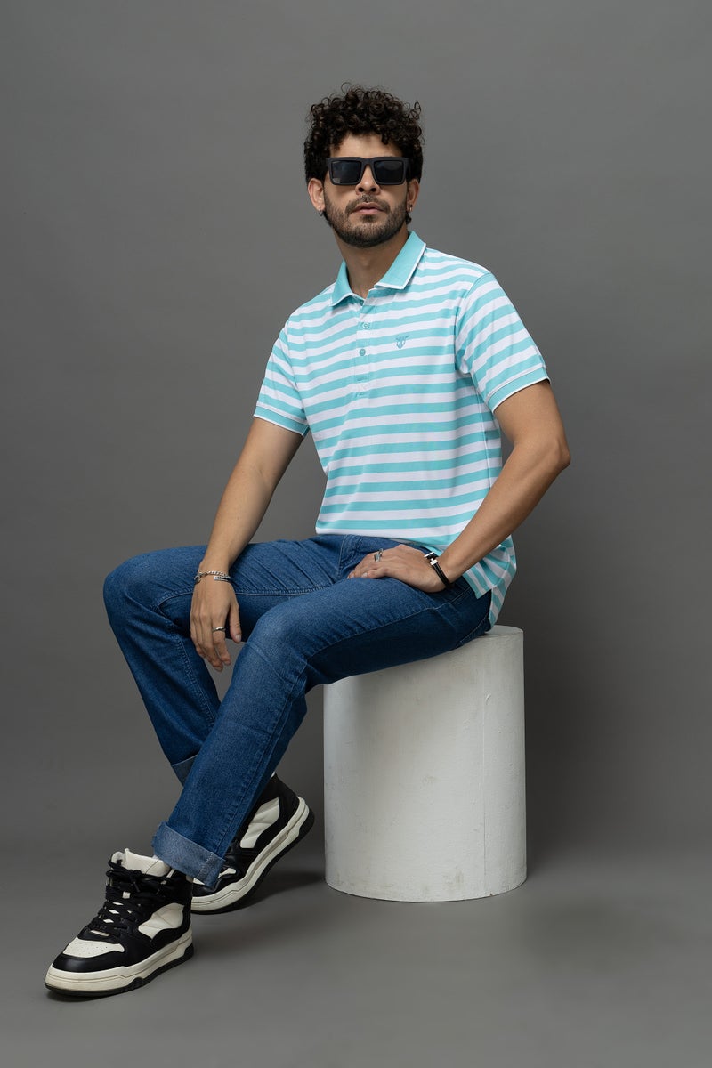 GO DEVIL Blue & White Striped Polo T-Shirt for Men - Image 4